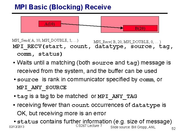 MPI Basic (Blocking) Receive A(10) B(20) MPI_Send( A, 10, MPI_DOUBLE, 1, …) MPI_Recv( B,