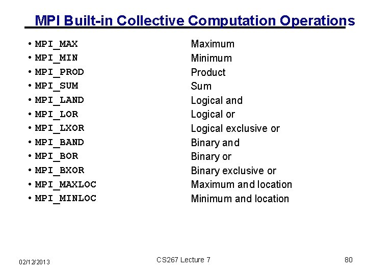 MPI Built-in Collective Computation Operations • MPI_MAX • MPI_MIN • MPI_PROD • MPI_SUM •