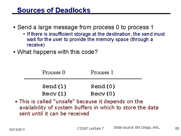 Sources of Deadlocks • Send a large message from process 0 to process 1