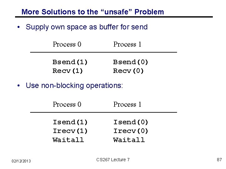 More Solutions to the “unsafe” Problem • Supply own space as buffer for send