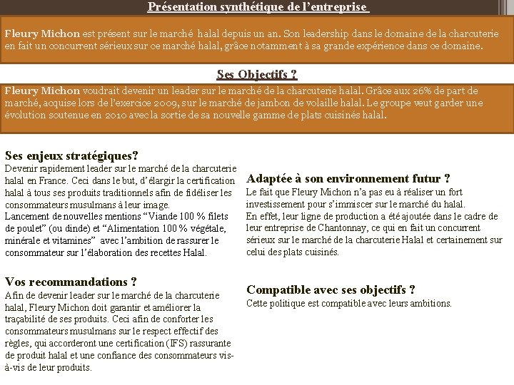 Présentation synthétique de l’entreprise Fleury Michon est présent sur le marché halal depuis un