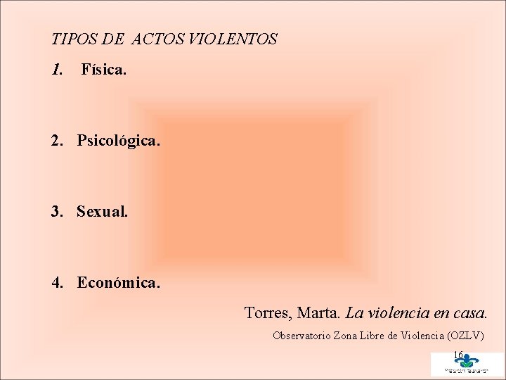 TIPOS DE ACTOS VIOLENTOS 1. Física. 2. Psicológica. 3. Sexual. 4. Económica. Torres, Marta. TIPOS DE ACTOS VIOLENTOS 1. Física. 2. Psicológica. 3. Sexual. 4. Económica. Torres, Marta.