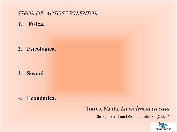 TIPOS DE ACTOS VIOLENTOS 1. Física. 2. Psicológica. 3. Sexual. 4. Económica. Torres, Marta.