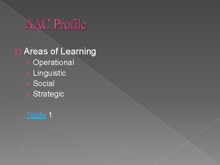 AAC Profile � Areas of Learning › Operational › Linguistic › Social › Strategic