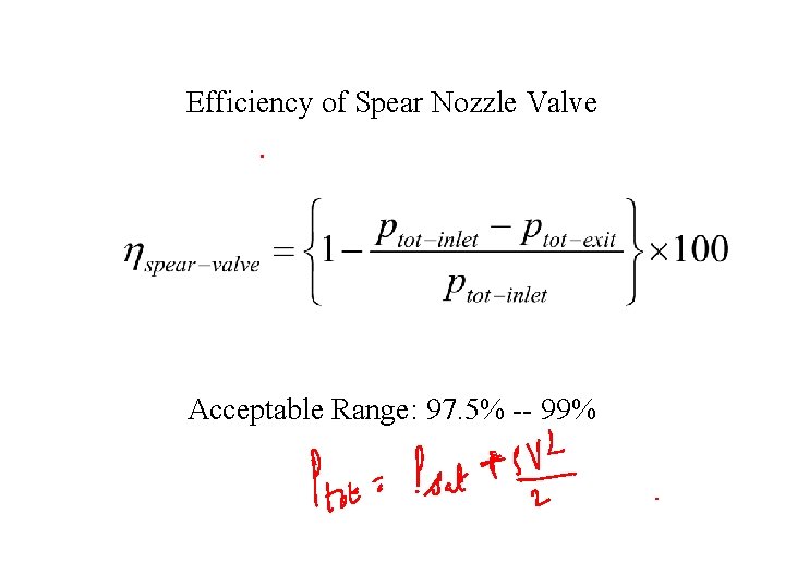Efficiency of Spear Nozzle Valve Acceptable Range: 97. 5% -- 99% 