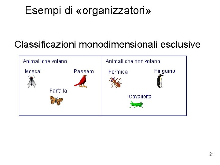 Esempi di «organizzatori» Classificazioni monodimensionali esclusive 21 