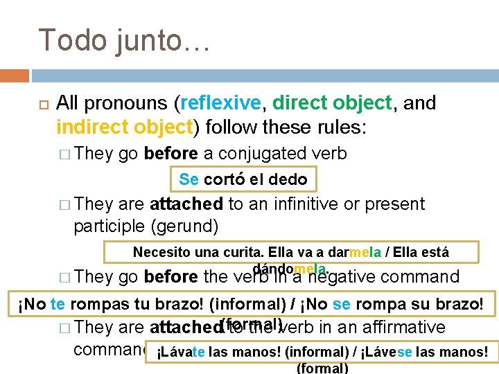 Todo junto… All pronouns (reflexive, direct object, and indirect object) follow these rules: � Todo junto… All pronouns (reflexive, direct object, and indirect object) follow these rules: �