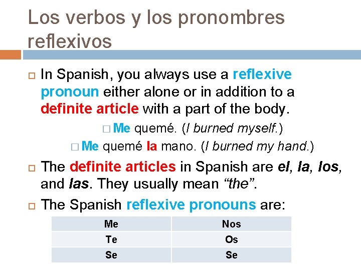 Los verbos y los pronombres reflexivos In Spanish, you always use a reflexive pronoun Los verbos y los pronombres reflexivos In Spanish, you always use a reflexive pronoun