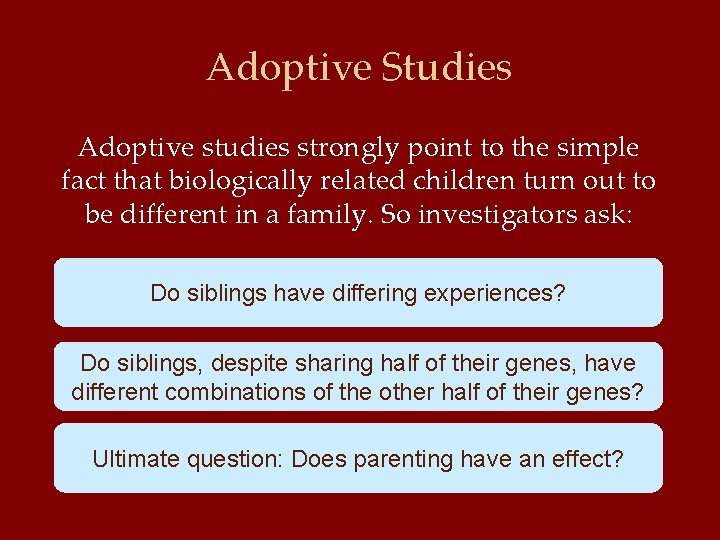 Adoptive Studies Adoptive studies strongly point to the simple fact that biologically related children