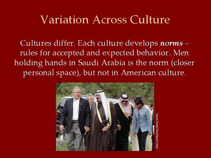 Variation Across Cultures differ. Each culture develops norms – rules for accepted and expected