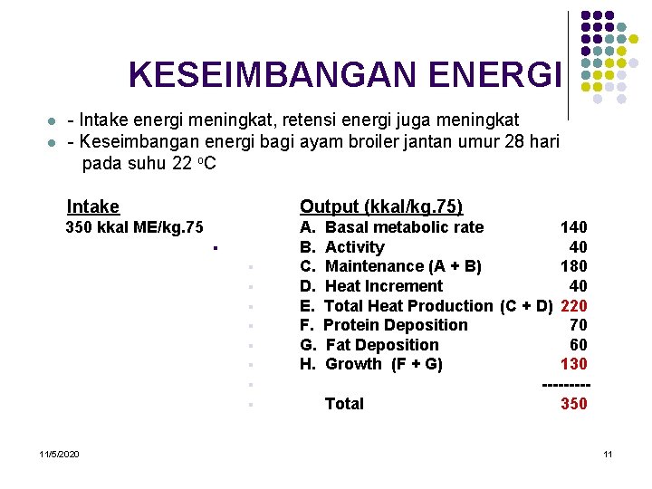 KESEIMBANGAN ENERGI l l - Intake energi meningkat, retensi energi juga meningkat - Keseimbangan