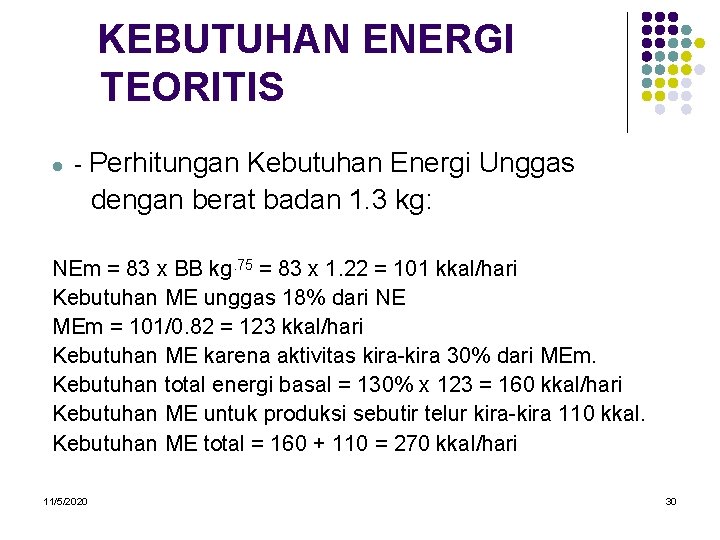 KEBUTUHAN ENERGI TEORITIS l - Perhitungan Kebutuhan Energi Unggas dengan berat badan 1. 3