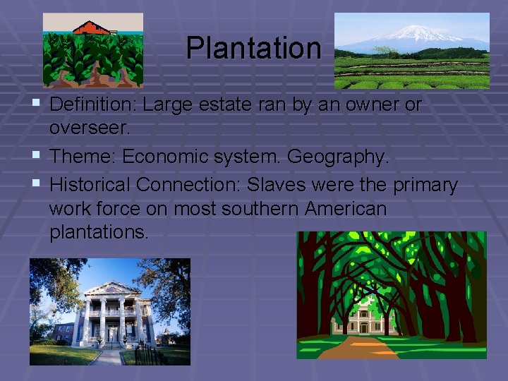 Plantation § Definition: Large estate ran by an owner or overseer. § Theme: Economic