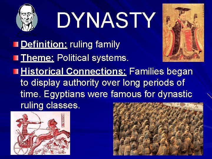 DYNASTY Definition: ruling family Theme: Political systems. Historical Connections: Families began to display authority