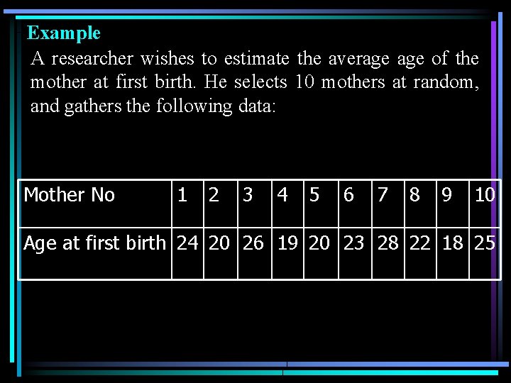 Example A researcher wishes to estimate the average of the mother at first birth.