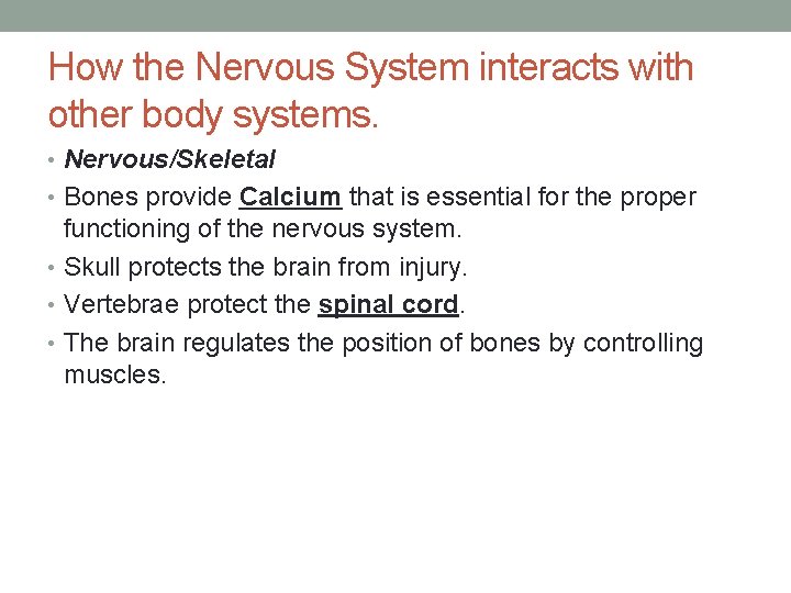 How the Nervous System interacts with other body systems. • Nervous/Skeletal • Bones provide How the Nervous System interacts with other body systems. • Nervous/Skeletal • Bones provide