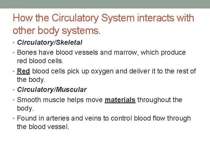 How the Circulatory System interacts with other body systems. • Circulatory/Skeletal • Bones have How the Circulatory System interacts with other body systems. • Circulatory/Skeletal • Bones have