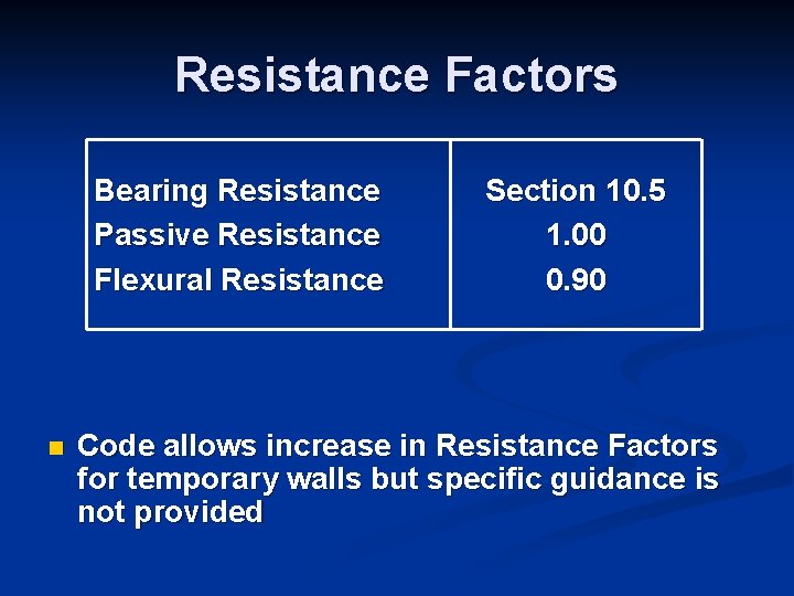 Resistance Factors Bearing Resistance Passive Resistance Flexural Resistance n Section 10. 5 1. 00