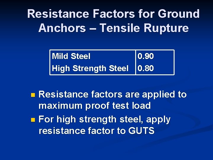 Resistance Factors for Ground Anchors – Tensile Rupture Mild Steel High Strength Steel 0.