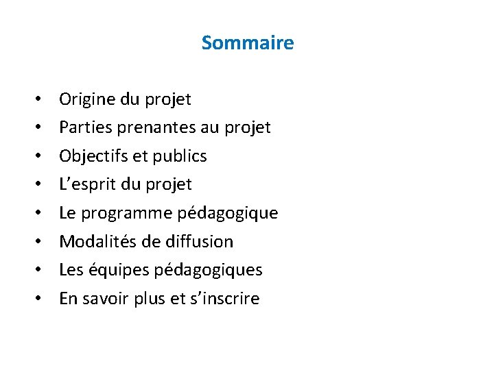 Sommaire • • Origine du projet Parties prenantes au projet Objectifs et publics L’esprit