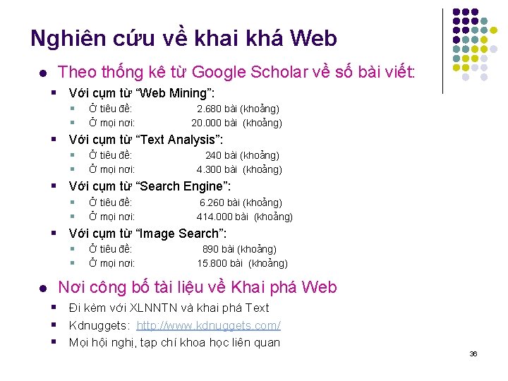 Nghiên cứu về khai khá Web l Theo thống kê từ Google Scholar về