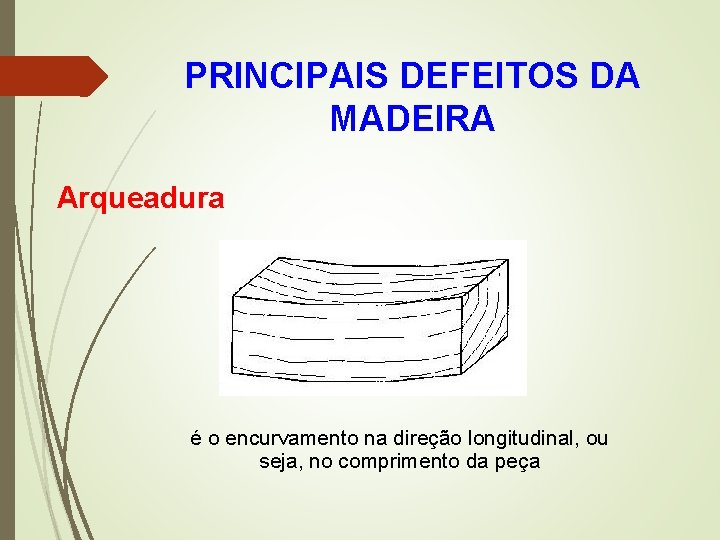 PRINCIPAIS DEFEITOS DA MADEIRA Arqueadura é o encurvamento na direção longitudinal, ou seja, no