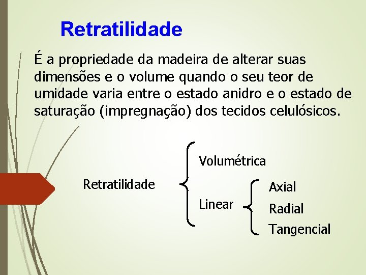 Retratilidade É a propriedade da madeira de alterar suas dimensões e o volume quando