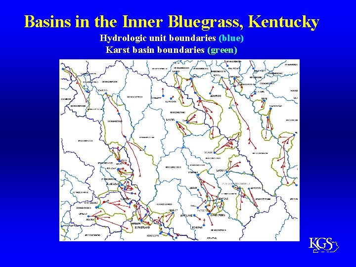 Basins in the Inner Bluegrass, Kentucky Hydrologic unit boundaries (blue) Karst basin boundaries (green)