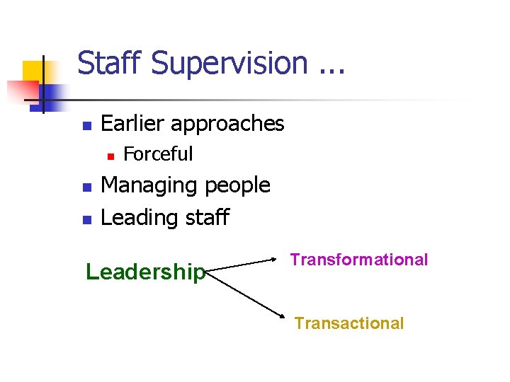 Staff Supervision. . . n Earlier approaches n n n Forceful Managing people Leading