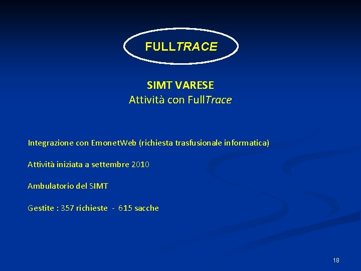 FULLTRACE SIMT VARESE Attività con Full. Trace Integrazione con Emonet. Web (richiesta trasfusionale informatica)