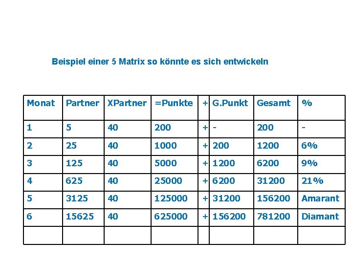 Beispiel einer 5 Matrix so könnte es sich entwickeln Monat Partner XPartner =Punkte +