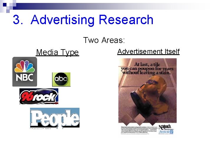 3. Advertising Research Two Areas: Media Type Advertisement Itself 