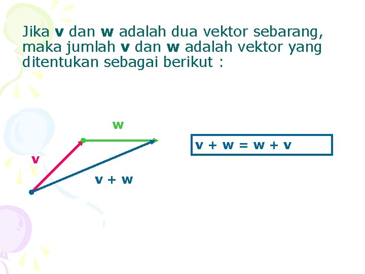 Jika v dan w adalah dua vektor sebarang, maka jumlah v dan w adalah