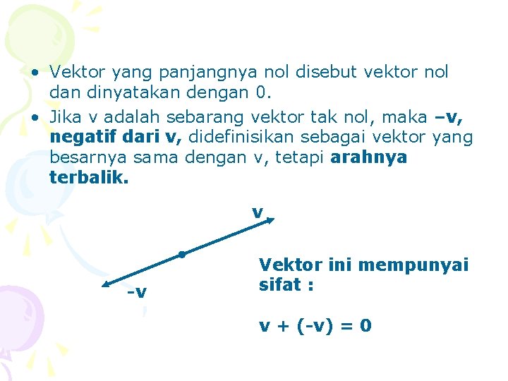 • Vektor yang panjangnya nol disebut vektor nol dan dinyatakan dengan 0. •