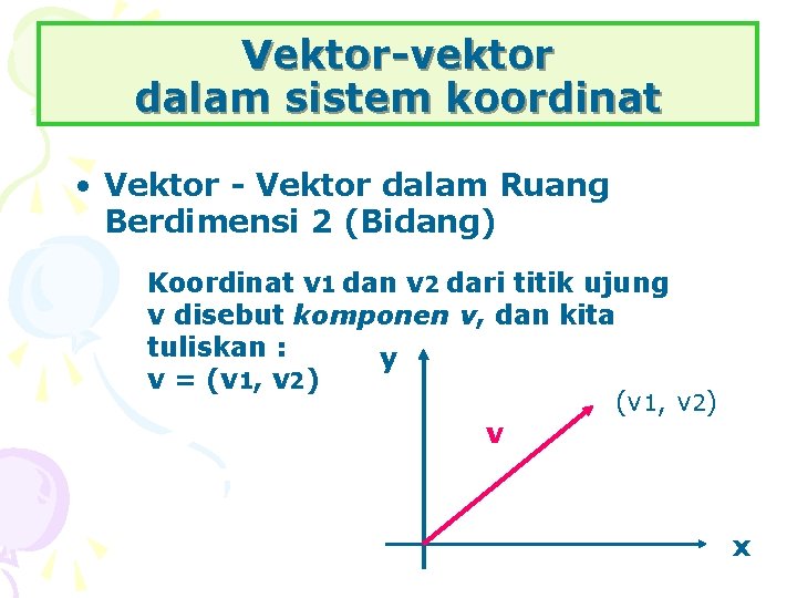 Vektor-vektor dalam sistem koordinat • Vektor - Vektor dalam Ruang Berdimensi 2 (Bidang) Koordinat