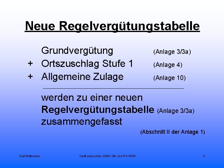 Neue Regelvergütungstabelle Grundvergütung + Ortszuschlag Stufe 1 + Allgemeine Zulage (Anlage 3/3 a) (Anlage