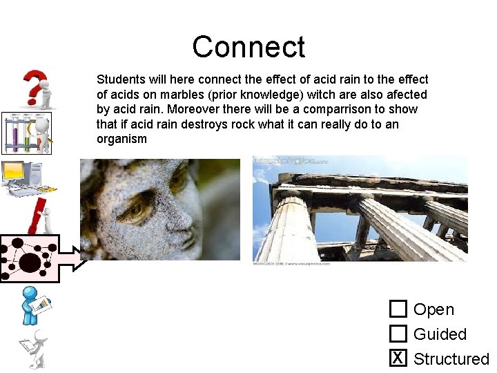 Connect Students will here connect the effect of acid rain to the effect of