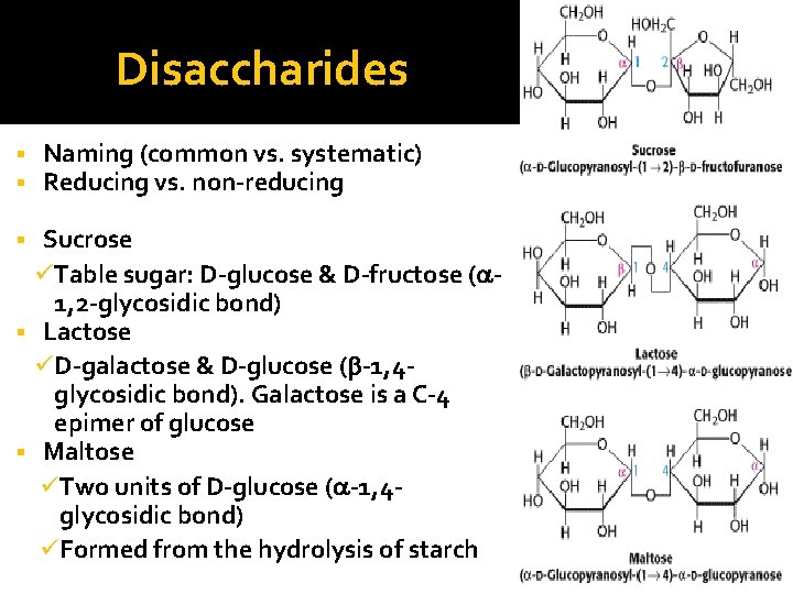 Disaccharides Naming (common vs. systematic) Reducing vs. non-reducing Sucrose ü Table sugar: D-glucose &