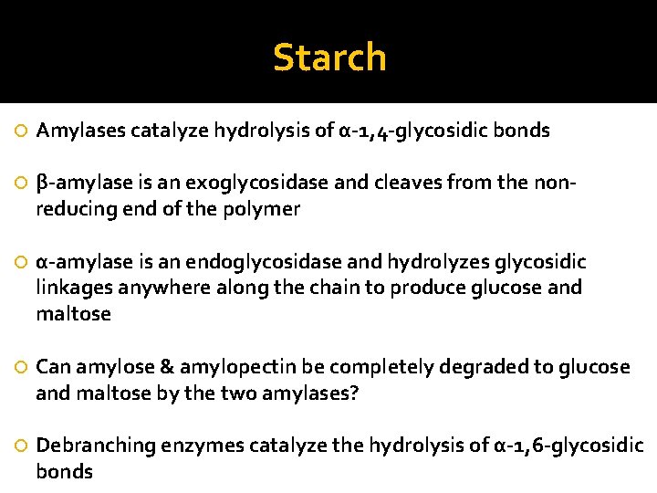 Starch Amylases catalyze hydrolysis of α-1, 4 -glycosidic bonds β-amylase is an exoglycosidase and