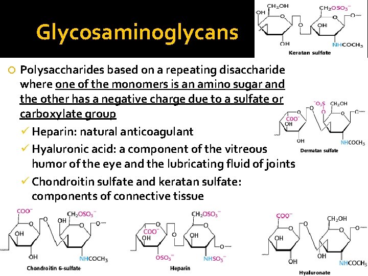 Glycosaminoglycans Polysaccharides based on a repeating disaccharide where one of the monomers is an