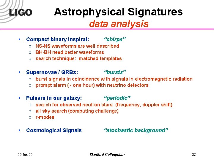 Astrophysical Signatures data analysis § Compact binary inspiral: “chirps” » NS-NS waveforms are well