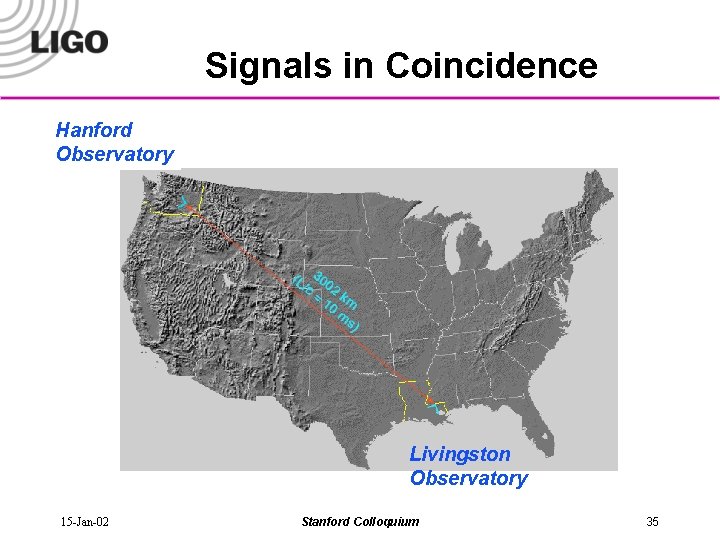 Signals in Coincidence Hanford Observatory Livingston Observatory 15 -Jan-02 Stanford Colloquium 35 