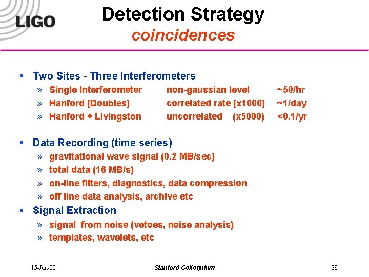 Detection Strategy coincidences § Two Sites - Three Interferometers » Single Interferometer » Hanford