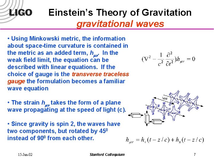 Einstein’s Theory of Gravitation gravitational waves • Using Minkowski metric, the information about space-time