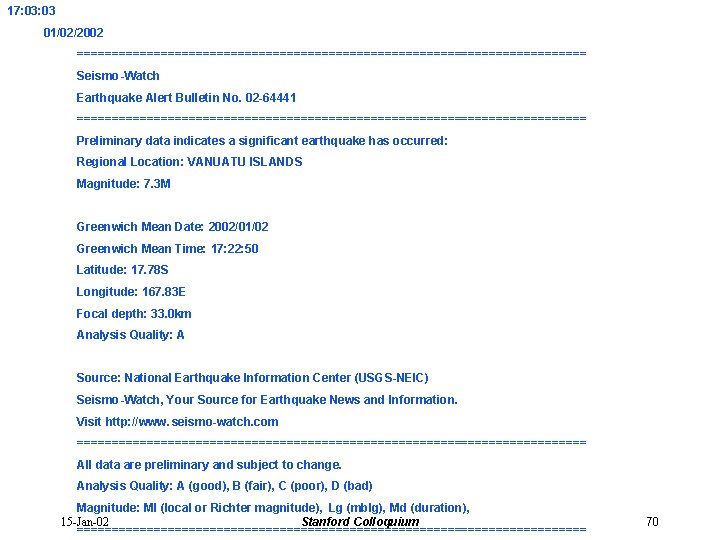 17: 03 01/02/2002 ===================================== Seismo-Watch Earthquake Alert Bulletin No. 02 -64441 ===================================== Preliminary data