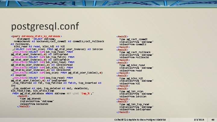 postgresql. conf <Query database_stats_by_database > Statement "SELECT datname, numbackends AS backends, xact_commit AS commits,