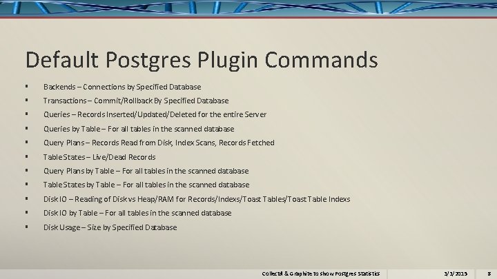 Default Postgres Plugin Commands § Backends – Connections by Specified Database § Transactions –