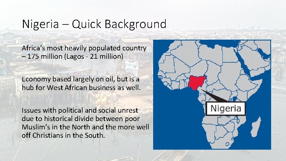 Nigeria – Quick Background Africa’s most heavily populated country – 175 million (Lagos -