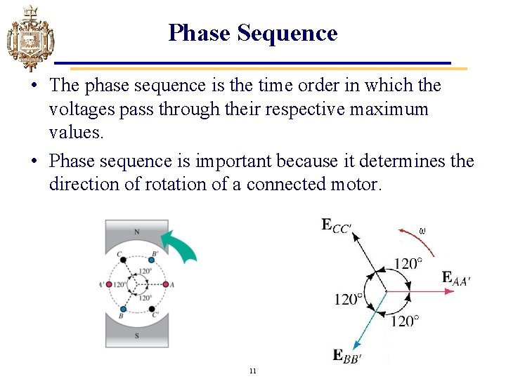 Phase Sequence • The phase sequence is the time order in which the voltages Phase Sequence • The phase sequence is the time order in which the voltages