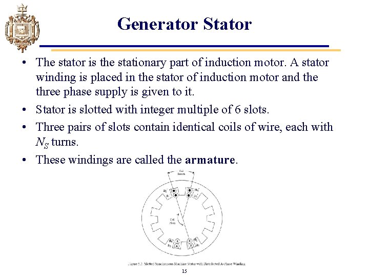 Generator Stator • The stator is the stationary part of induction motor. A stator Generator Stator • The stator is the stationary part of induction motor. A stator